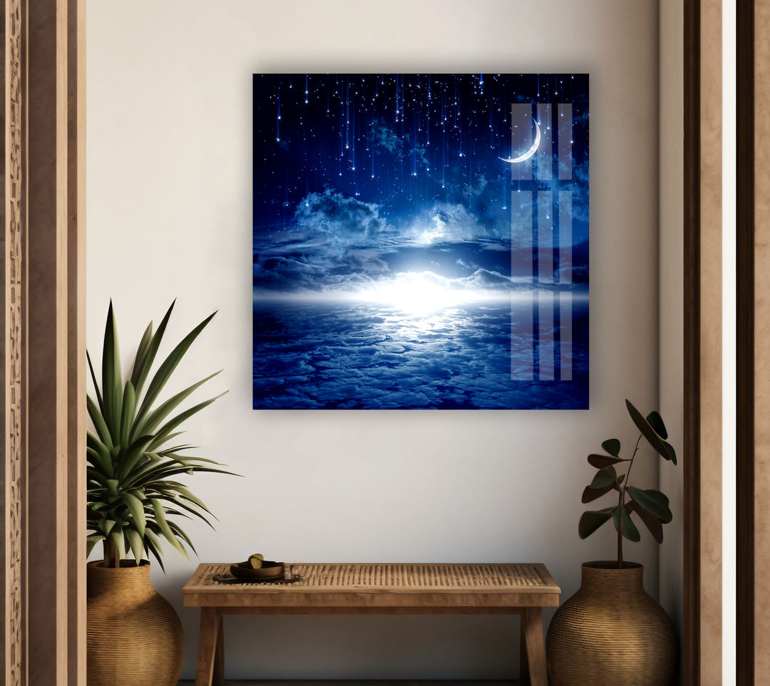 Starry Night Sky Moon Glass Wall Art, custom glass pictures, glass art prints