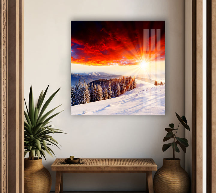 Winter Sunrise in a Snowy Glass Wall Art glass image printing, glass prints from photos