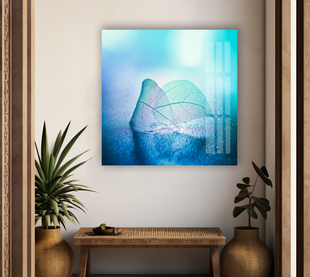 Blue Skeleton Leaf Glass Wall Art, glass image printing, glass prints from photos