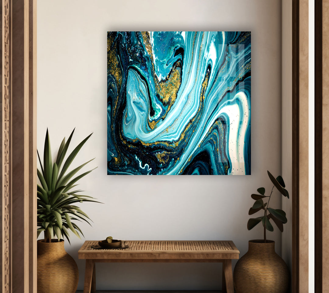 Gold ink on Blue Abstract Glass Wall Art