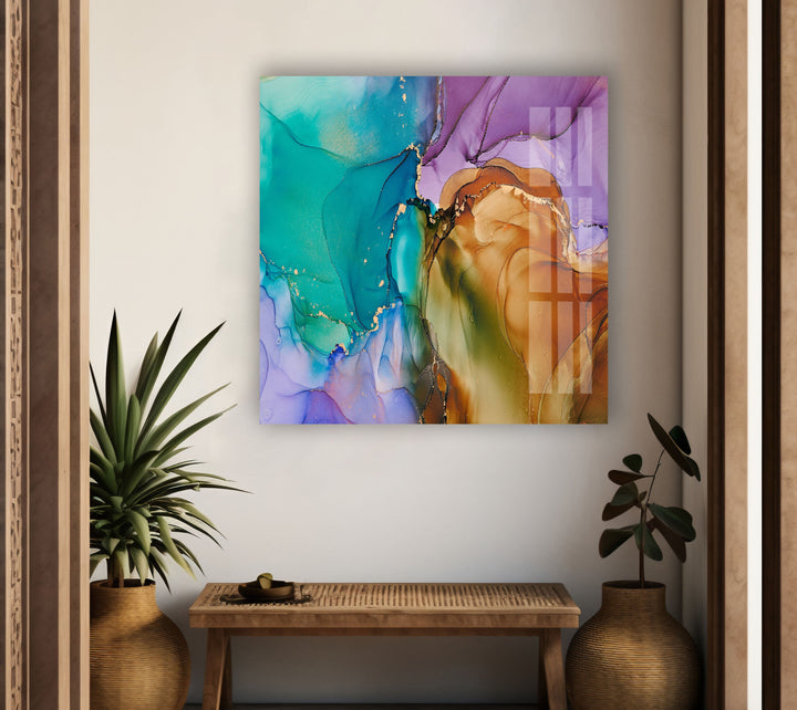 Green Purple Brown & Gold Abstract Glass Wall Art