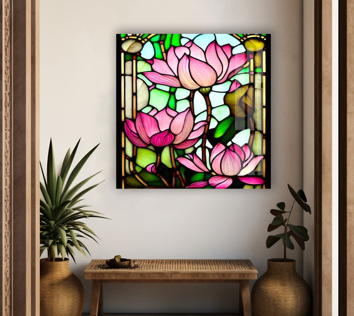 Stained Glass Pink Water Lily Glass Wall Art, Glass Printing Wall Art, Print photos on glass