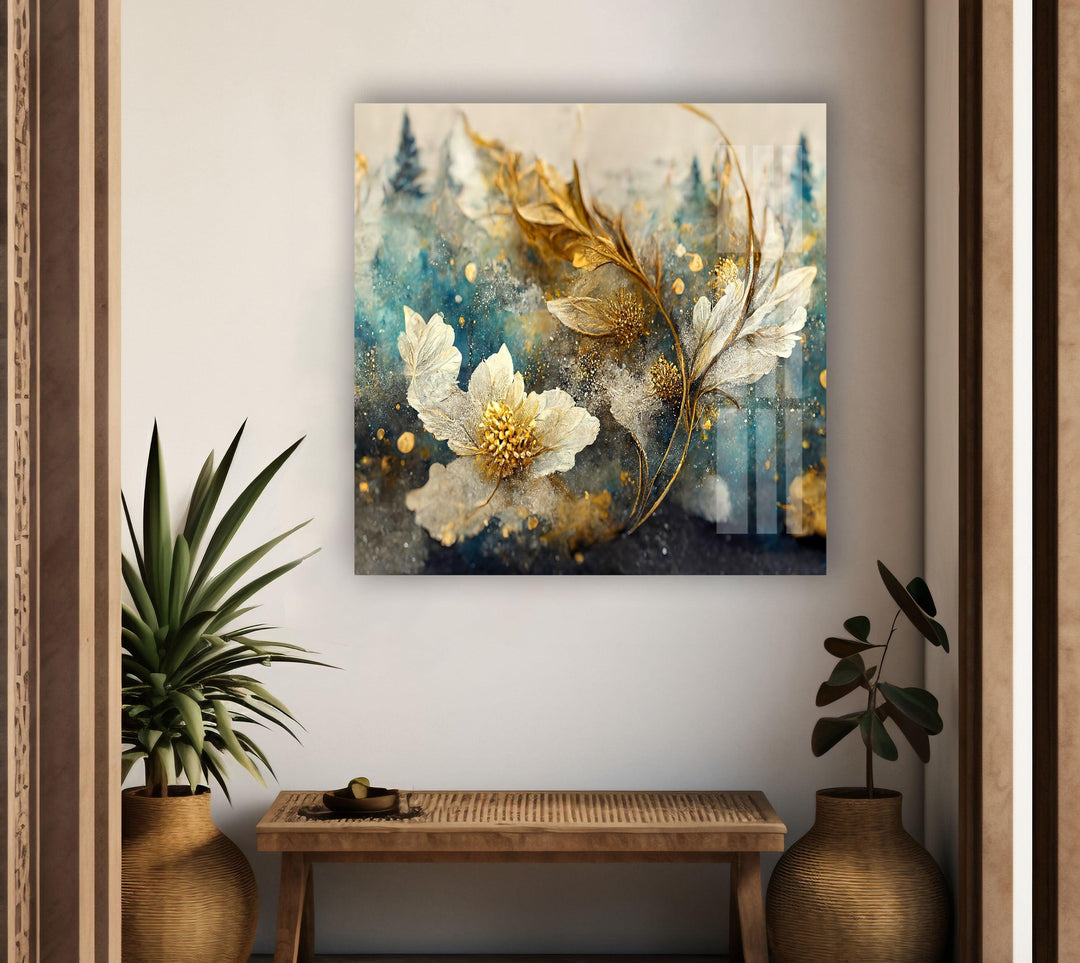 Elegant Golden Sheen Flower Glass Wall Art, glass pictures for Wall, glass prints wall art