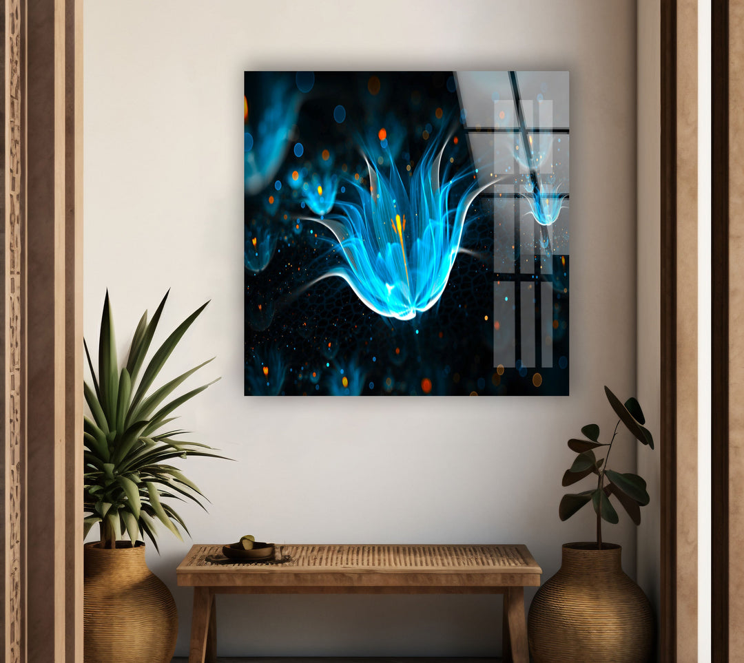 Neon Blue Flower Glass Wall Art, photo print on glass, prints on glass wall art