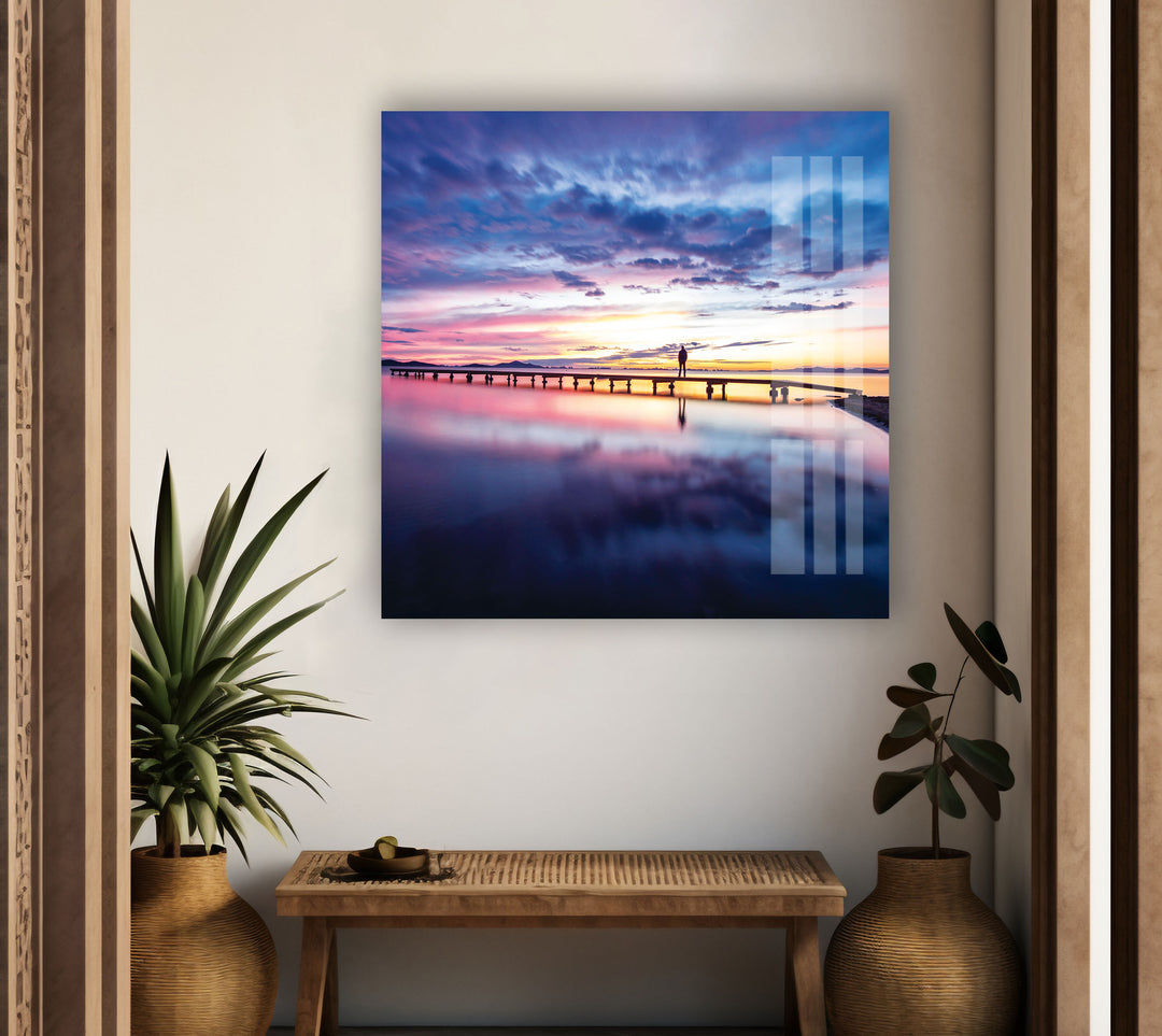 Sunset Pier Landscape Glass Wall Art custom glass pictures, glass art prints