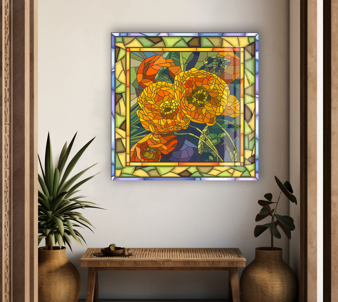 Orange Flowers Stained Glass Wall Art glass art painting, glass art for the Wall