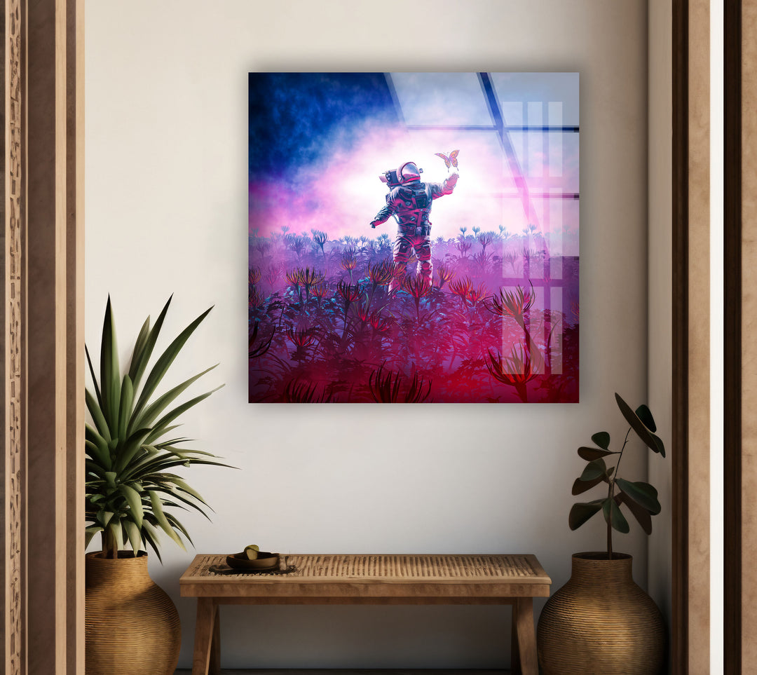 Astronaut With Butterfly Glass Wall Art, glass photo prints, glass picture prints