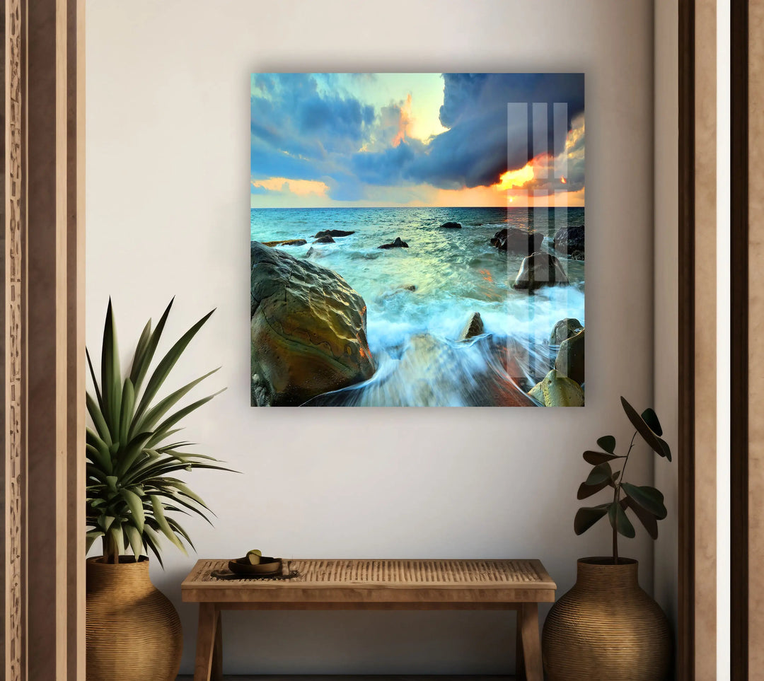 Sunset Cloudy Sea Nature Glass Wall Art print picture on glass, Tempered Glass Wall Art