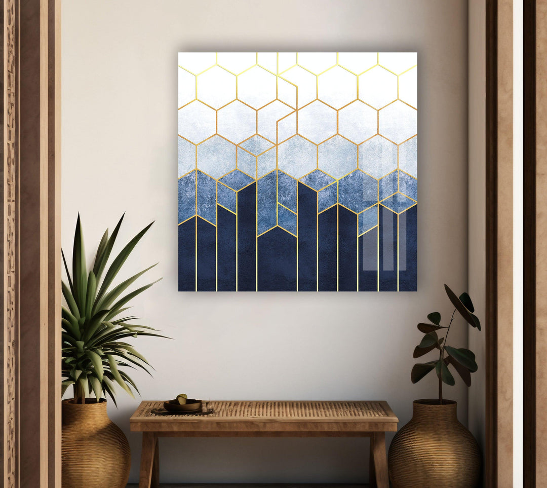 Blue Hexagons Abstract-stained-Glass Wall Arts