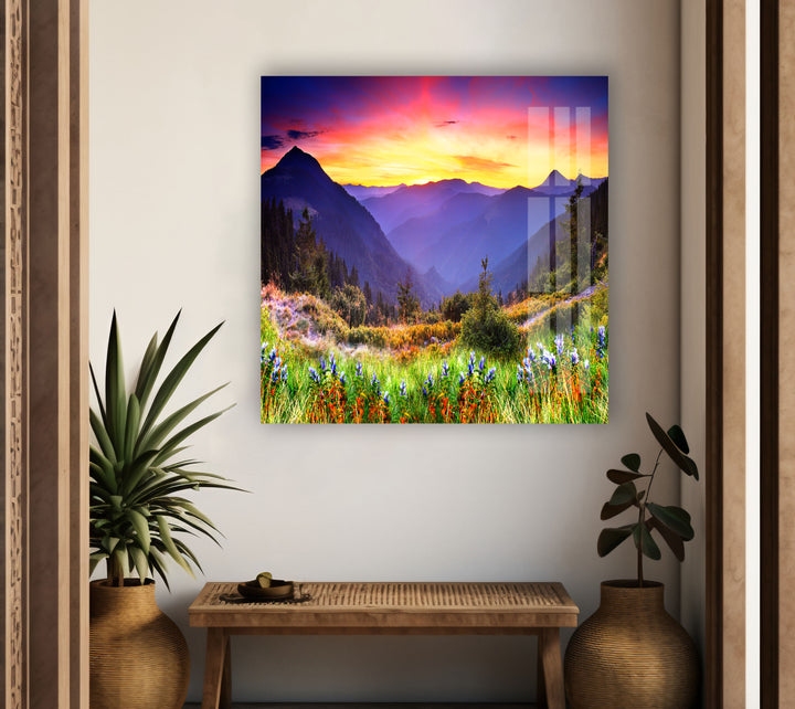 Sunset Colored Mountains Glass Wall Art large glass photo prints, glass wall photos