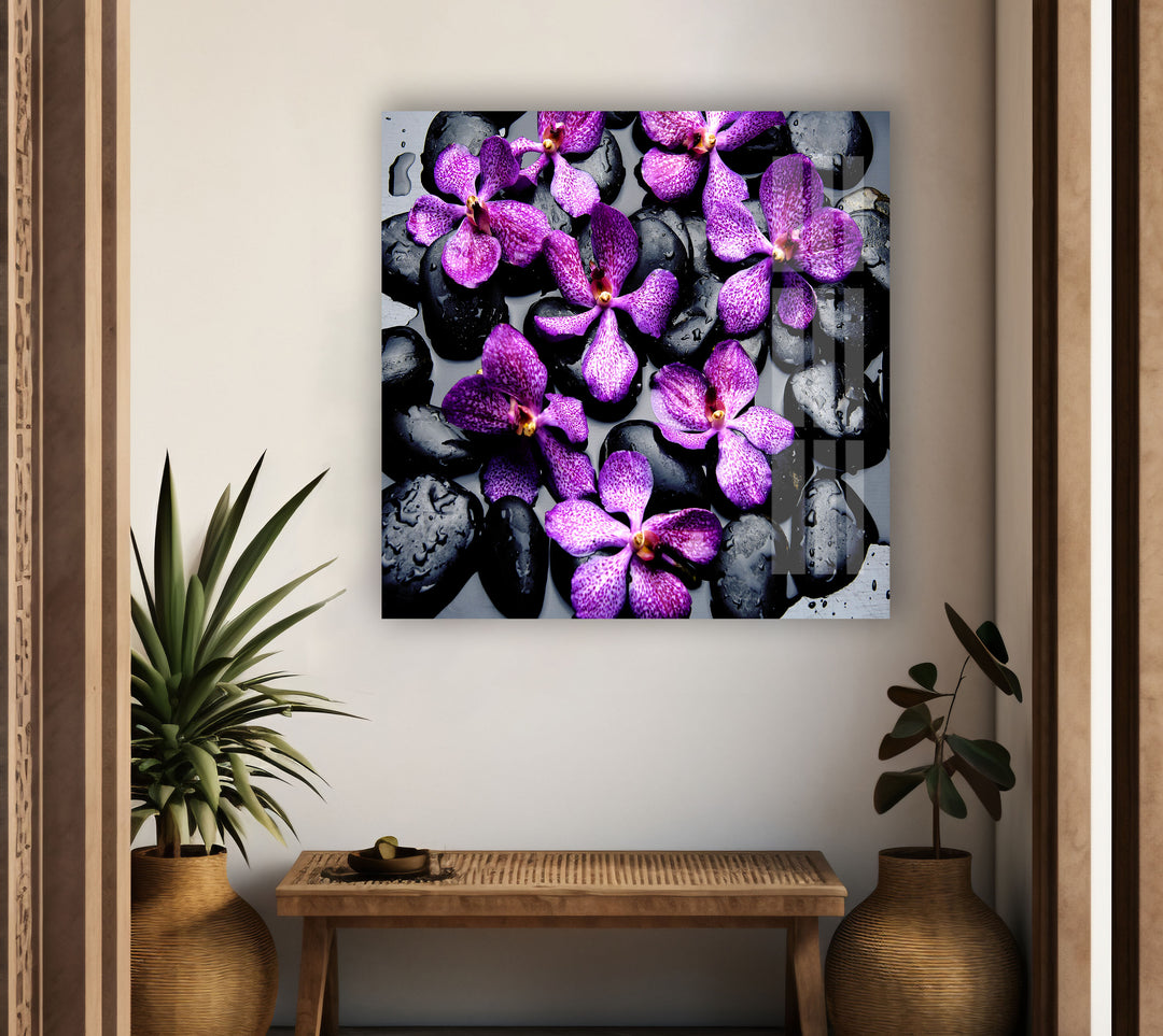 Orchid and Zen Stones Glass Wall Art, glass pictures for Wall, glass prints wall art
