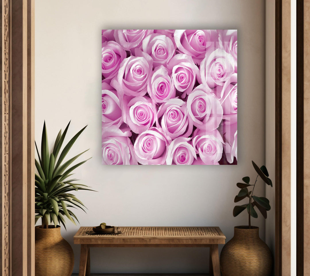 Pink Bud Roses Glass Wall Art, photo print on glass, prints on glass wall art
