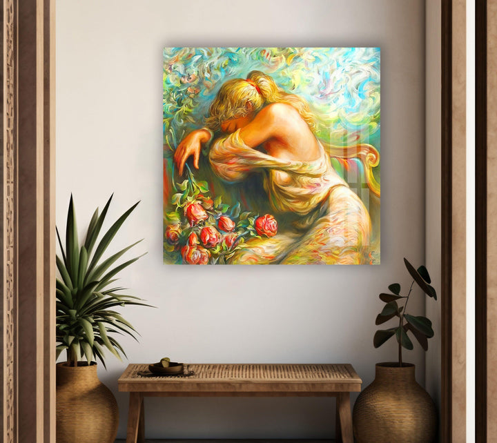 Oil Painting Woman Floral Tempered Glass Wall Art - MyPhotoStation