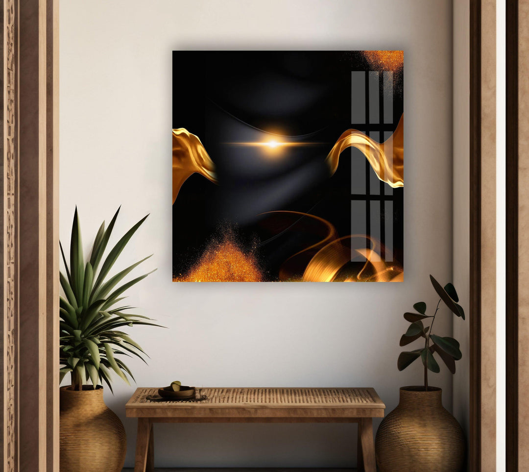 Gold Waves on Black Abstract Glass Wall Art, custom glass photo prints, large glass prints