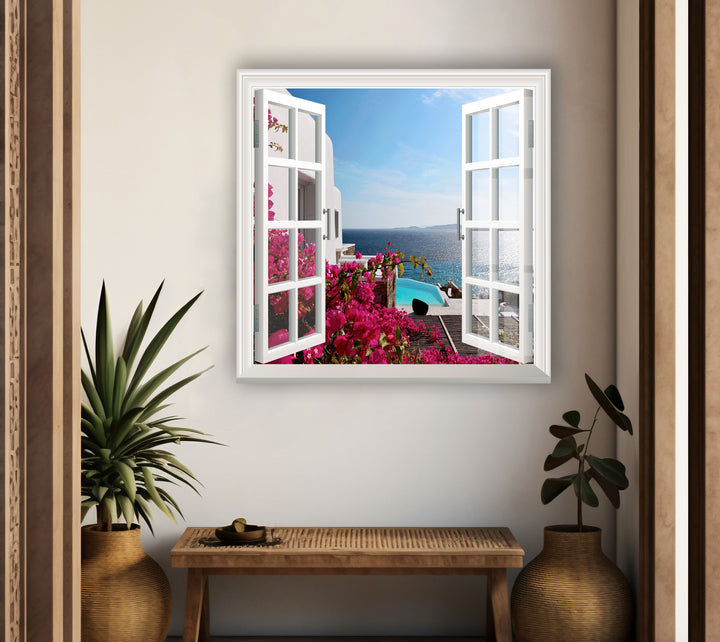 Fake Window Santorini Island Glass Wall Art print on glass, glass printed photos