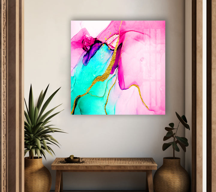 Pink Alcohol ink with Gold Lines Impressive Large Glass Photo Prints