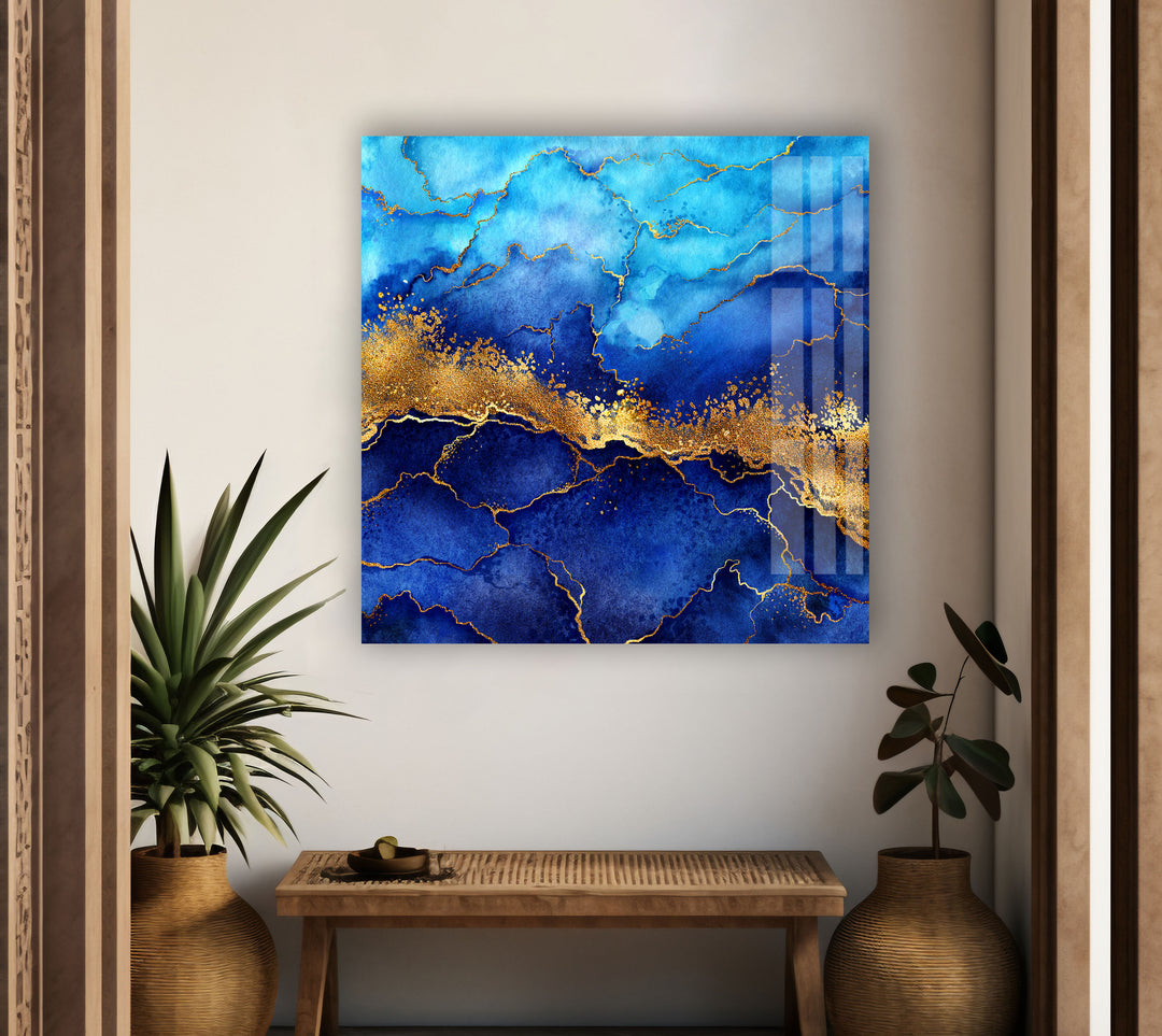 Blue and Golden Abstract Glass Wall Art custom glass pictures, glass art prints