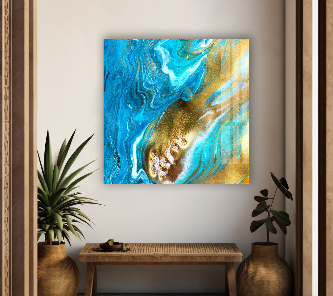 turquoise and gold abstract glass wall art