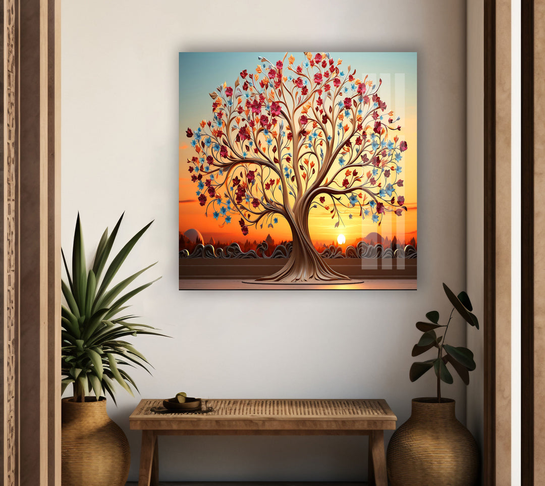 Colorful Tree At Sunset Glass Wall Art, glass art painting, glass art for the Wall