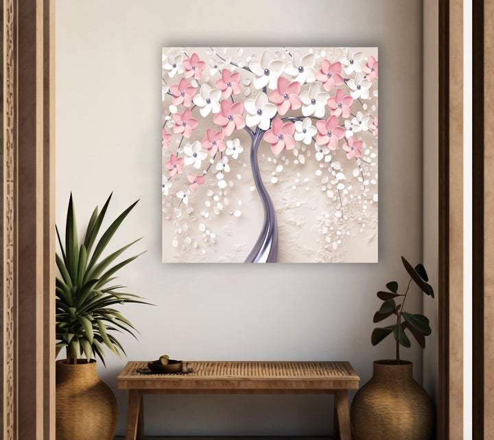 Pink Tree with Flowers Tempered Glass Wall Art - MyPhotoStation