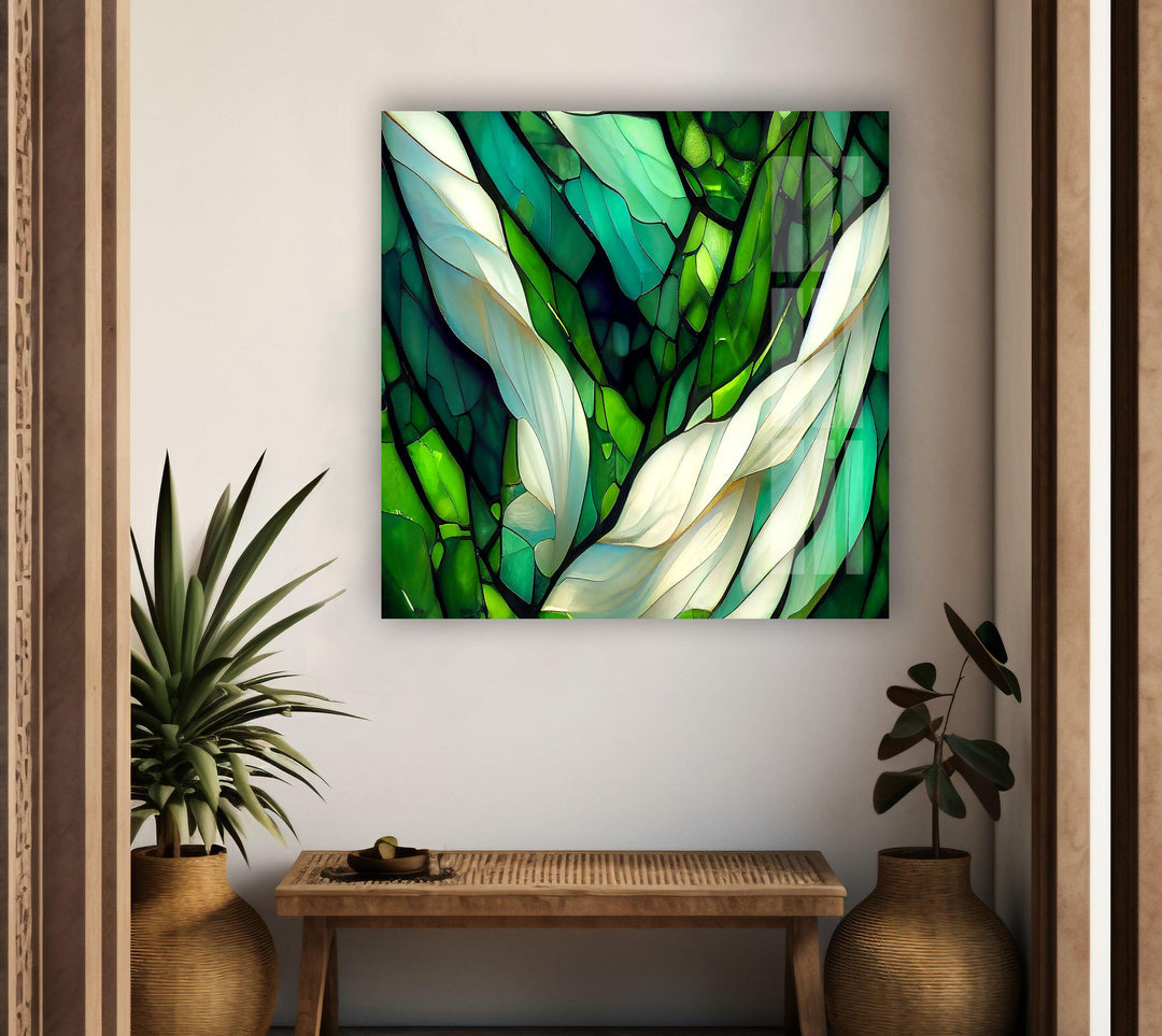 Stained Green & White Glass Wall Art glass pictures for Wall, glass prints wall art