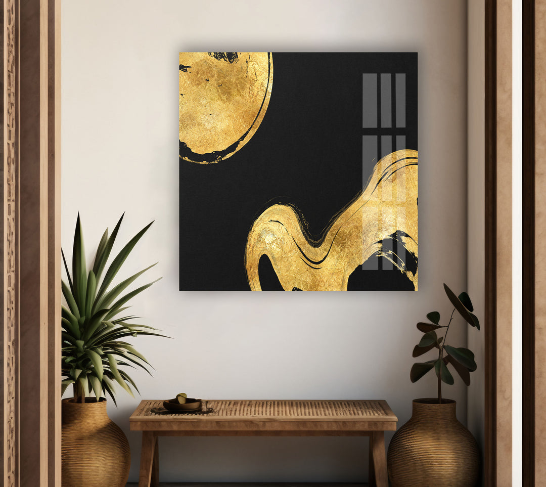 Gold Waves on Black Abstract Glass Wall Art, art glass wall art, glass wall art pictures