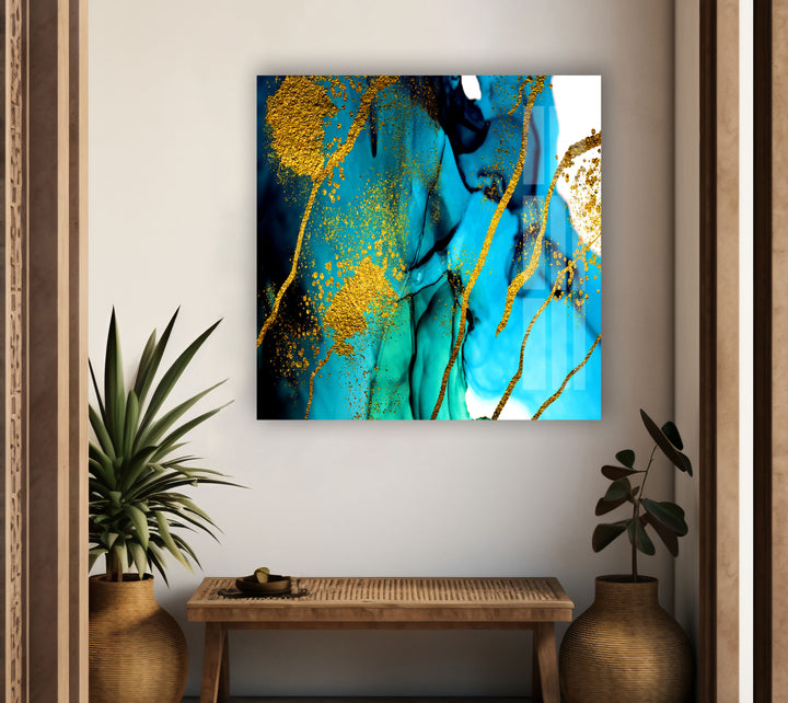 Blue and Golden Marble Glass Wall Art print on glass, glass printed photos