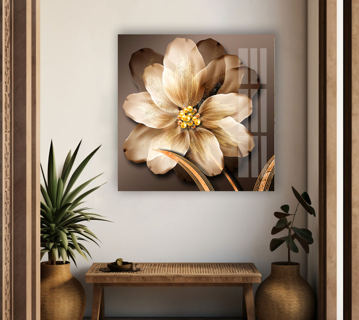 Golden Flower Glass Wall Art, glass photo prints, glass picture prints