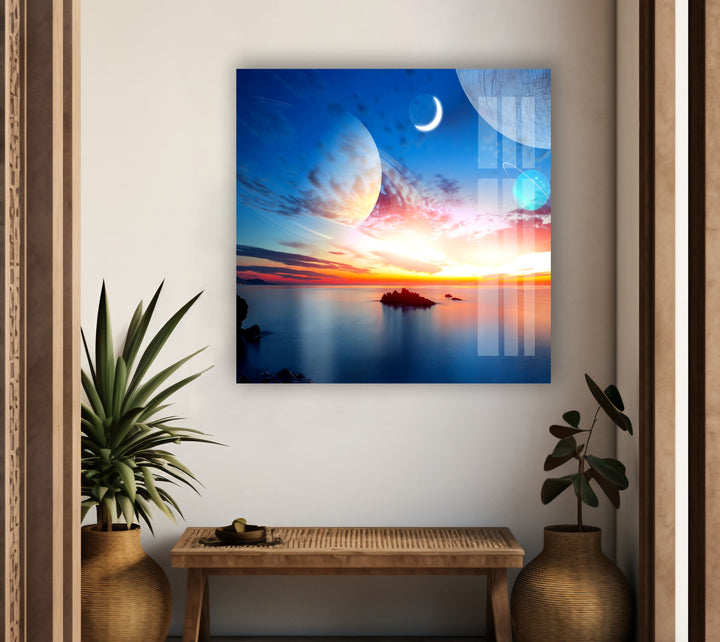 Sunset On The Sea&Planets Glass Wall Art, Glass Printing Wall Art, Print photos on glass