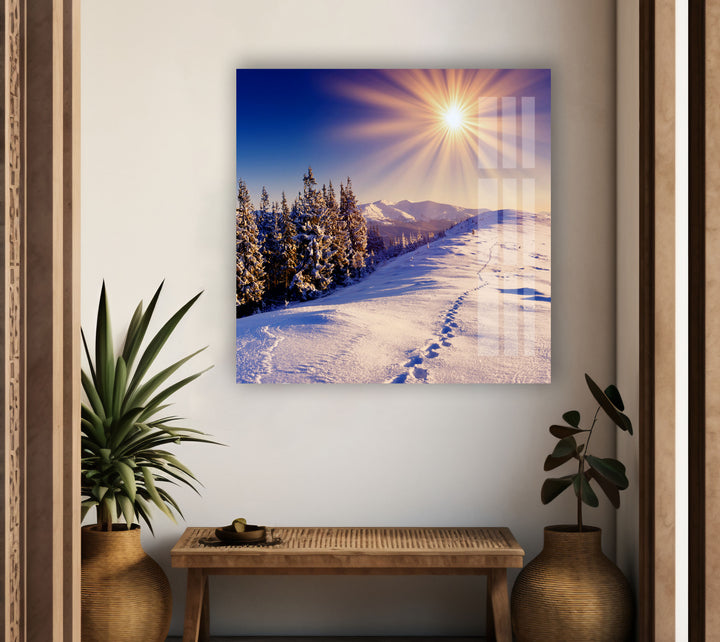 Snowy Forest Sunset Glass Wall Art custom glass pictures, glass art prints