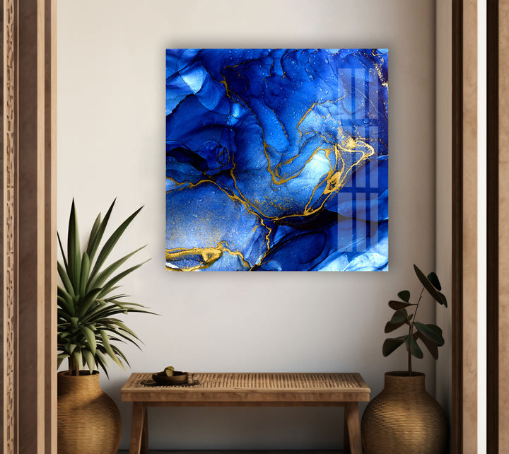 Gold & Blue Alcohol Ink Abstract Glass Wall Art Glass Printing Wall Art, Print photos on glass