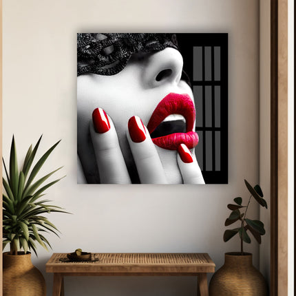 Red Lips Woman with Mask Glass Wall Art