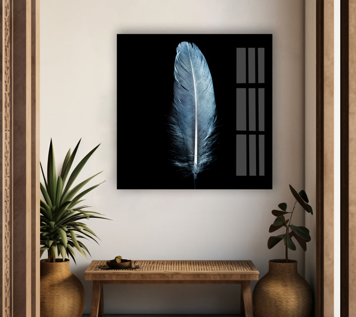 Large Blue Feather Glass Wall Art, custom glass pictures, glass art prints