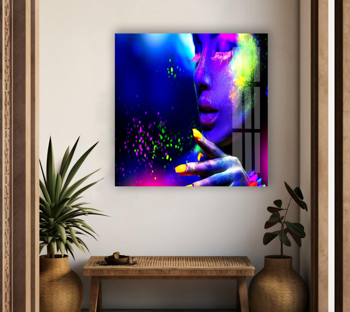 Woman in Neon Light Glass Art Painting & Cool Home Decor