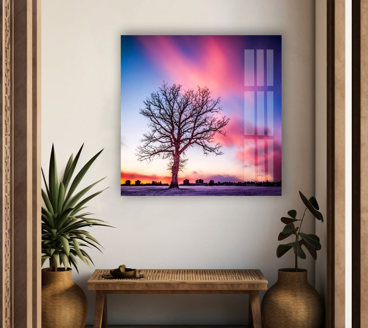 Huge Tree On Pink Sunset Glass Wall Art print on glass, glass printed photos