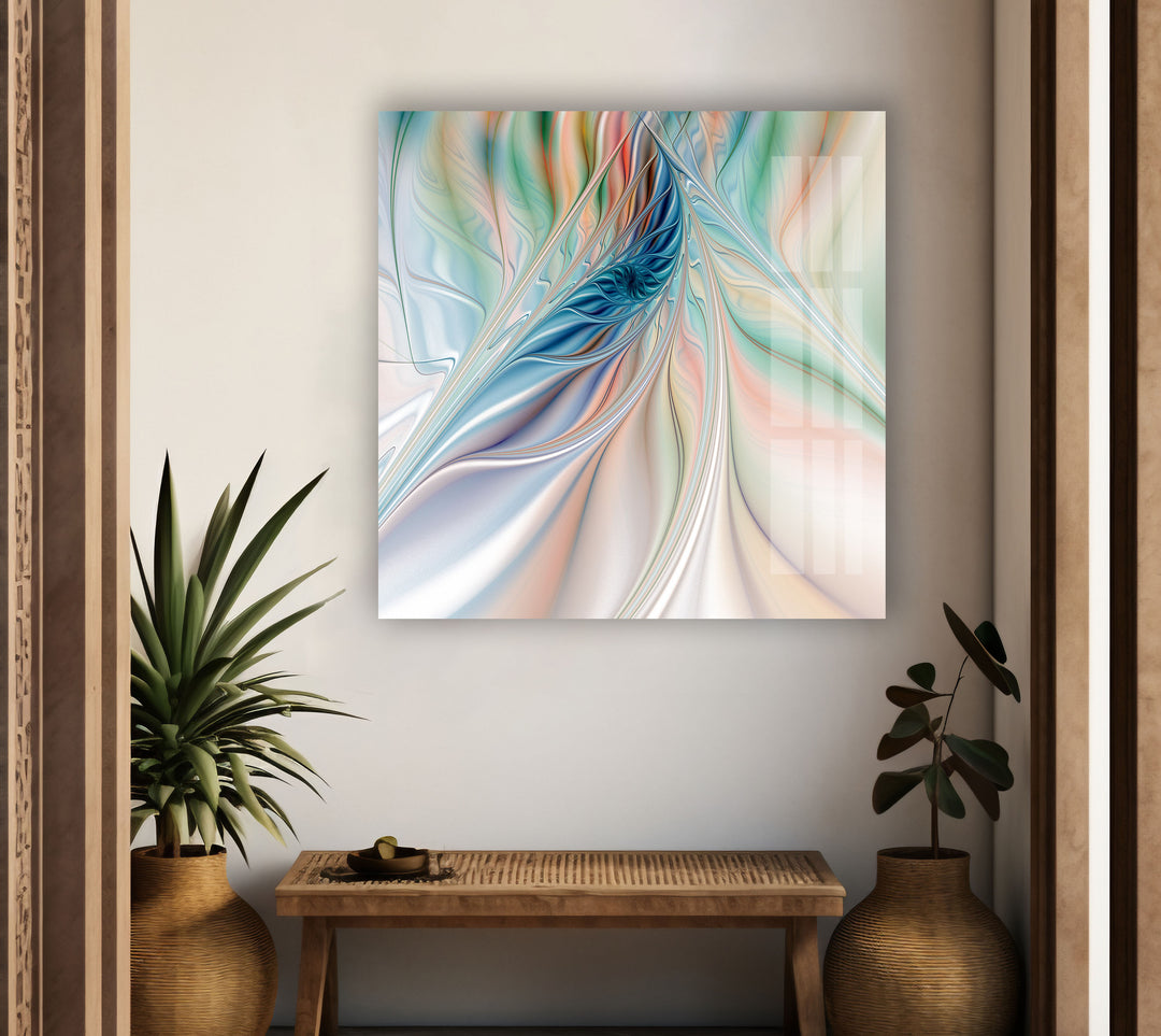 Fantasy fractal design in pastel orange, blue and green colors glass wall art.