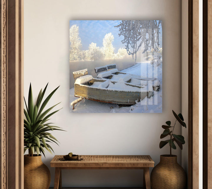 Frozen Winter Boats Glass Wall Art photo print on glass, prints on glass wall art