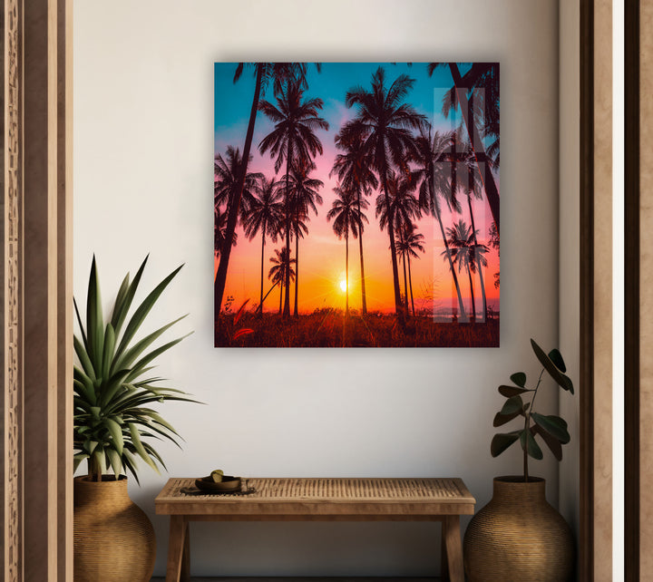 Palm Tree Tropical View Glass Wall Decor for Living Room Spaces