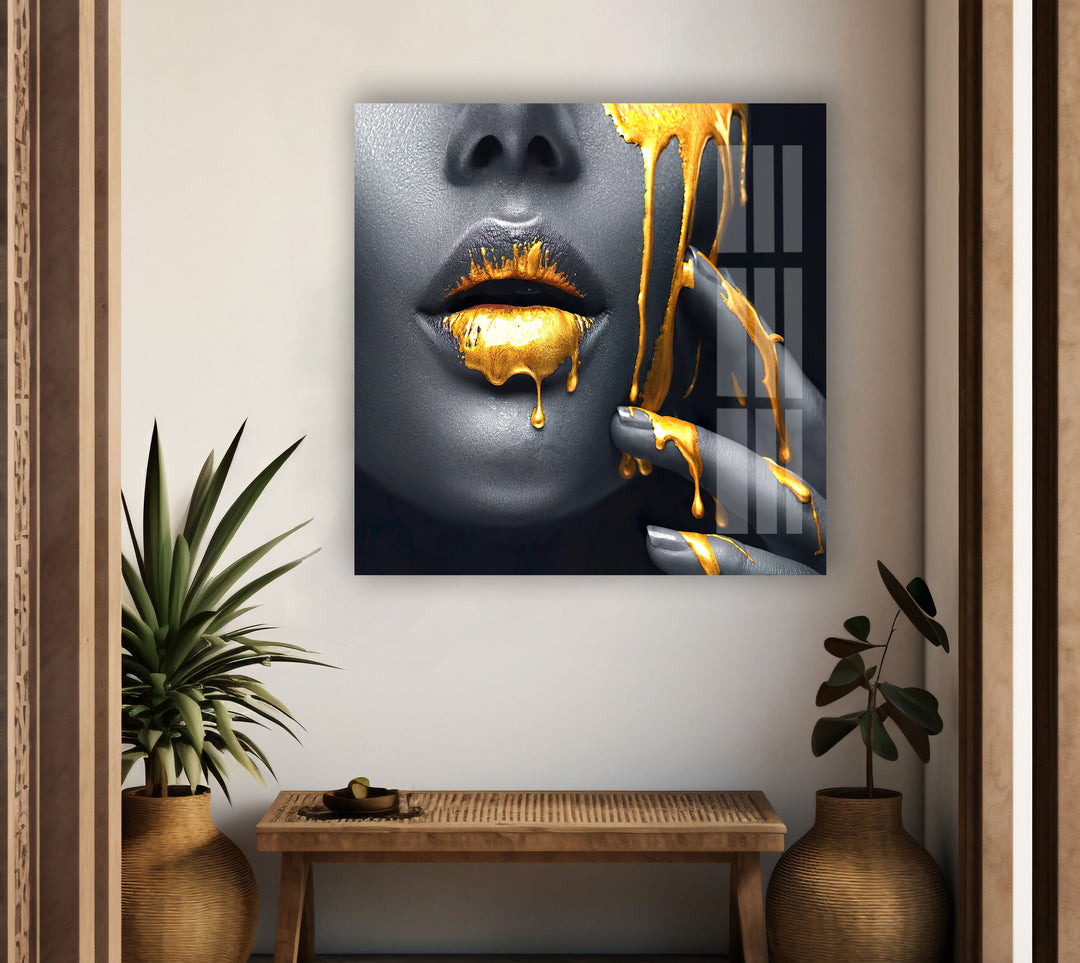 Black Woman with Gold Lips Glass Wall Art - Add a touch of elegance with Glass Paintings and Wall Art. Explore our range of glass wall hanging pieces, including abstract stained glass and blue glass wall art. Customizable and durable, our glass art work is perfect for any decor. Shop now and enjoy free shipping.