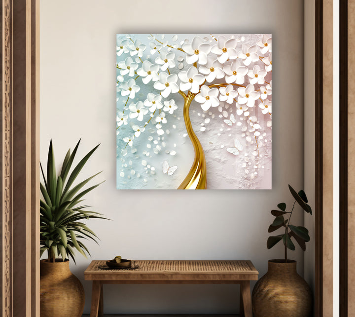 Golden Tree-White Flowers Glass Wall Art, glass image printing, glass prints from photos