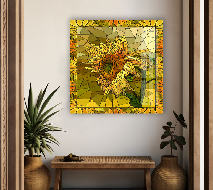 Mosaic Yellow Sunflower Glass Wall Art print picture on glass, Tempered Glass Wall Art