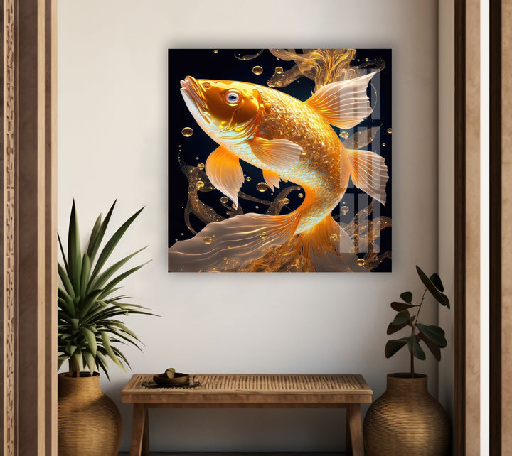 Golden Koi Fish Glass Wall Art glass pictures for Wall, glass prints wall art