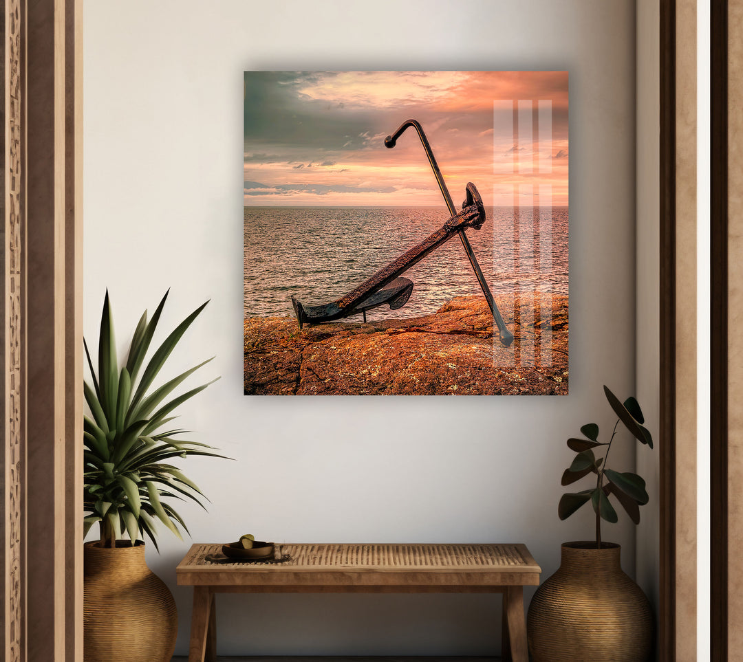 Sunset Anchor Glass Wall Art glass art painting, glass art for the Wall