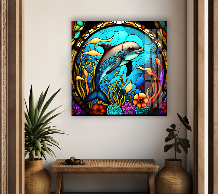 Dolphin in The Ocean Glass Wall Art stained glass wall art, stained glass wall decor