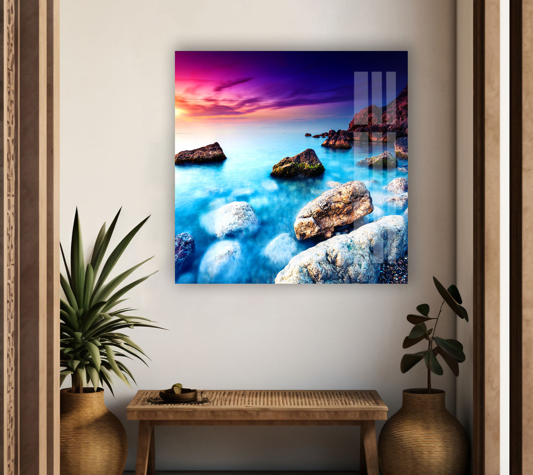 Vivid Sunset Over Rocks Glass Wall Art