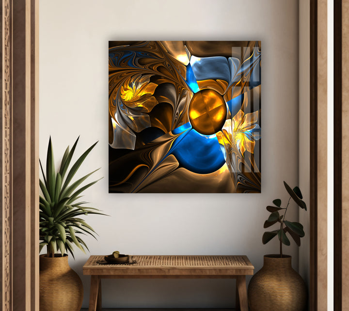 Abstract Blue&Gold Fractal Glass Wall Art, glass photo prints, glass picture prints