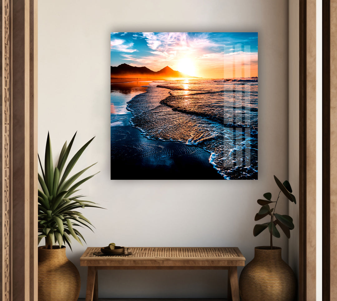 Beach at Sunset & Waves Glass Wall Art glass photo prints, glass picture prints