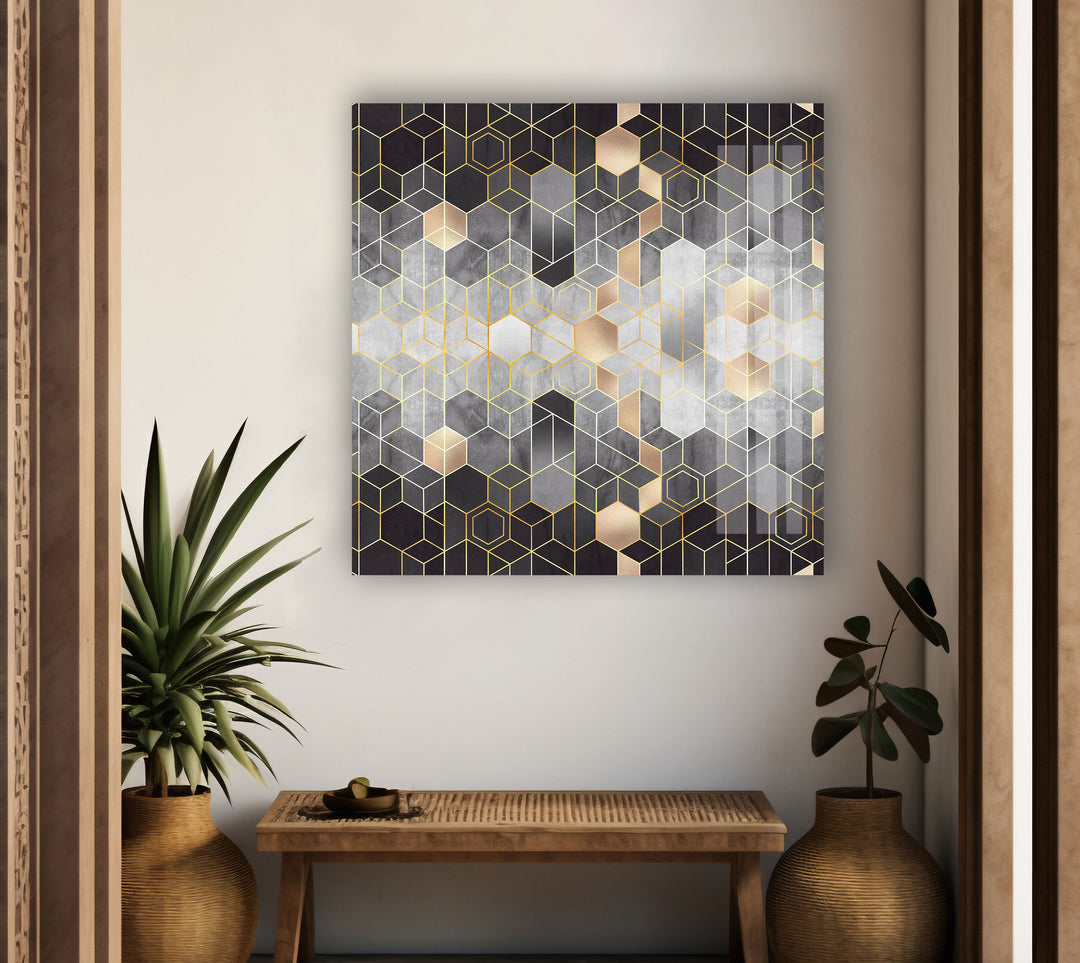 Black Hexagons Glass Wall Art , large glass photo prints, glass wall photos