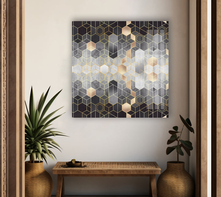 Black Hexagons Glass Wall Art , large glass photo prints, glass wall photos