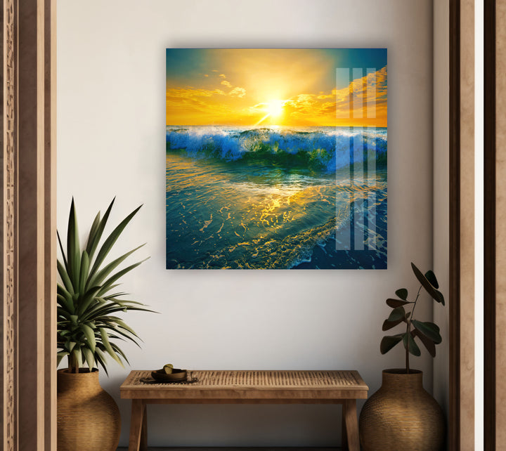 Sunrise Ocean Waves Glass Wall Art